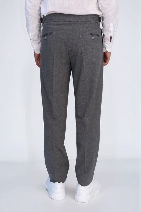 Anthracite Double-Pleated High-Waisted Slim Fit Trousers with Side Buckles