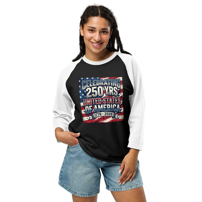 3/4 sleeve raglan shirt with patriotic USA 250 design in soft, lightweight fabric for summer to fall transition