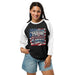 3/4 sleeve raglan shirt with patriotic USA 250 design in soft, lightweight fabric for summer to fall transition