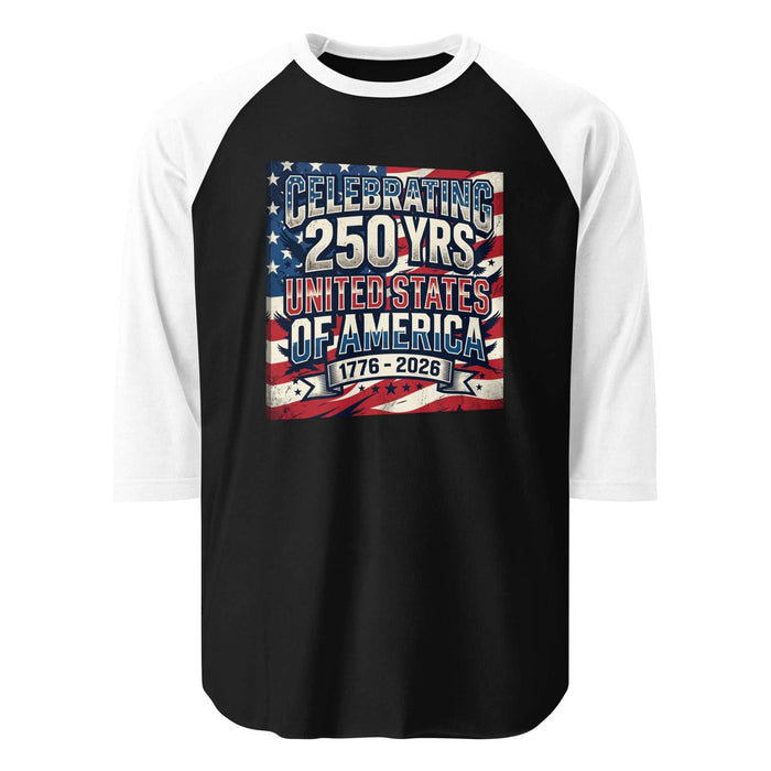 3/4 sleeve raglan shirt with patriotic USA 250 design, lightweight and breathable, perfect for summer to fall transition