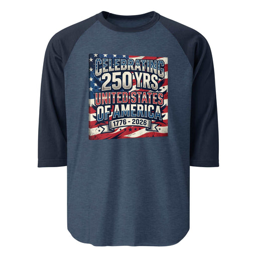 3/4 sleeve raglan shirt with USA 250 patriotic design and contrast sleeves