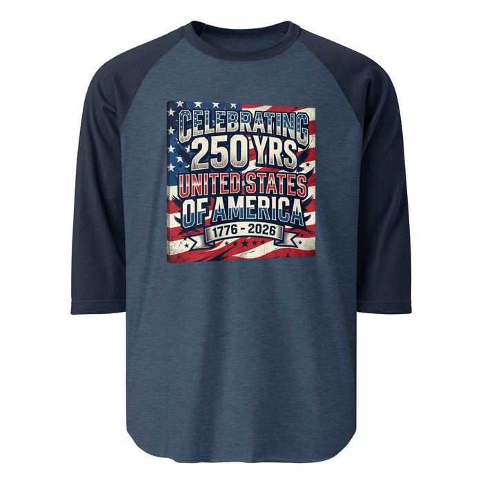 3/4 sleeve raglan shirt with USA 250 patriotic design and contrast sleeves