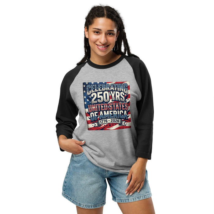 Casual 3/4 sleeve raglan shirt with patriotic USA 250 design, lightweight and soft for summer to fall transition