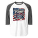 3/4 sleeve raglan shirt with patriotic USA 250 design for summer to fall transition
