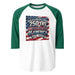 3/4 sleeve raglan shirt with USA 250 patriotic design and contrast sleeves for summer and fall transitions