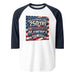 3/4 sleeve raglan shirt with patriotic USA 250 design, soft cotton blend, lightweight and breathable for summer to fall transition