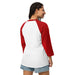 3/4 sleeve raglan shirt with USA 250 patriotic design and contrast sleeves