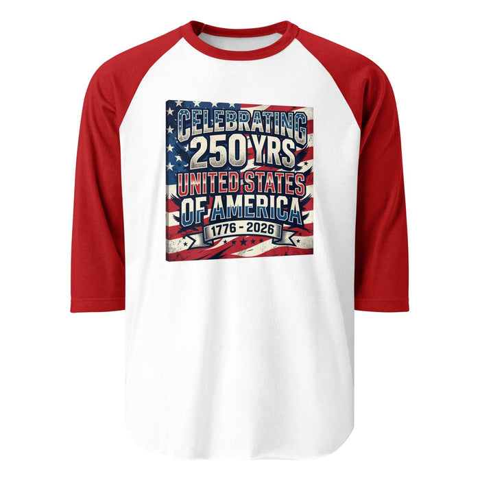 3/4 sleeve raglan shirt with patriotic USA 250 design and lightweight cotton blend fabric