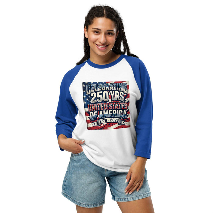 3/4 sleeve raglan shirt with patriotic USA 250 design, lightweight cotton blend for summer to fall transition