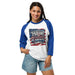 3/4 sleeve raglan shirt with patriotic USA 250 design, lightweight cotton blend for summer to fall transition