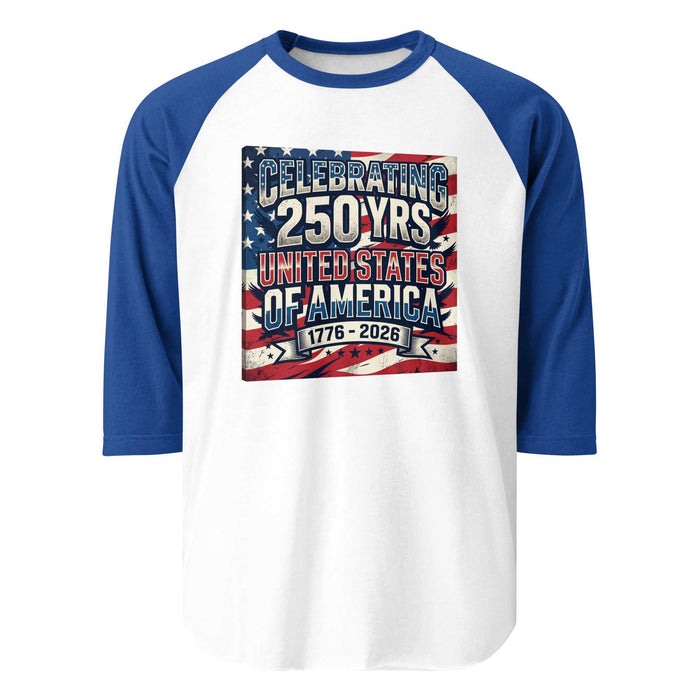 3/4 sleeve raglan shirt with USA 250 patriotic design in breathable cotton blend