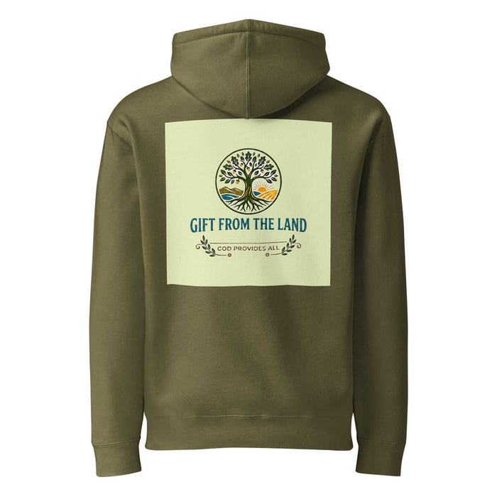 Gift From The Land logo printed heavyweight hoodie with fleece-lined hood and durable stitching