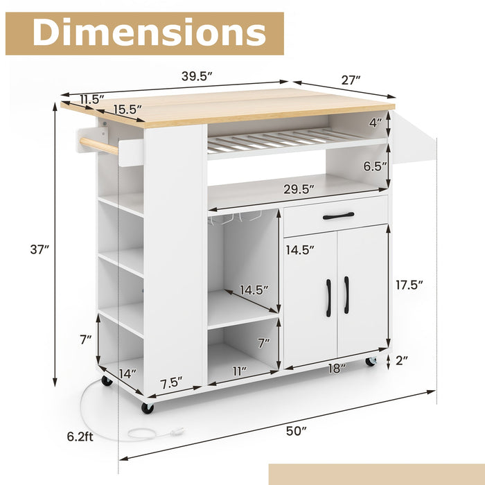 Rolling Kitchen Island with Power Outlet-White