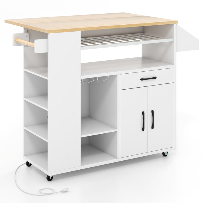 Rolling Kitchen Island with Power Outlet-White