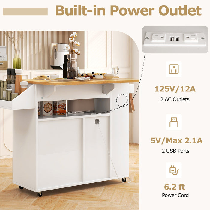 Rolling Kitchen Island with Power Outlet-White