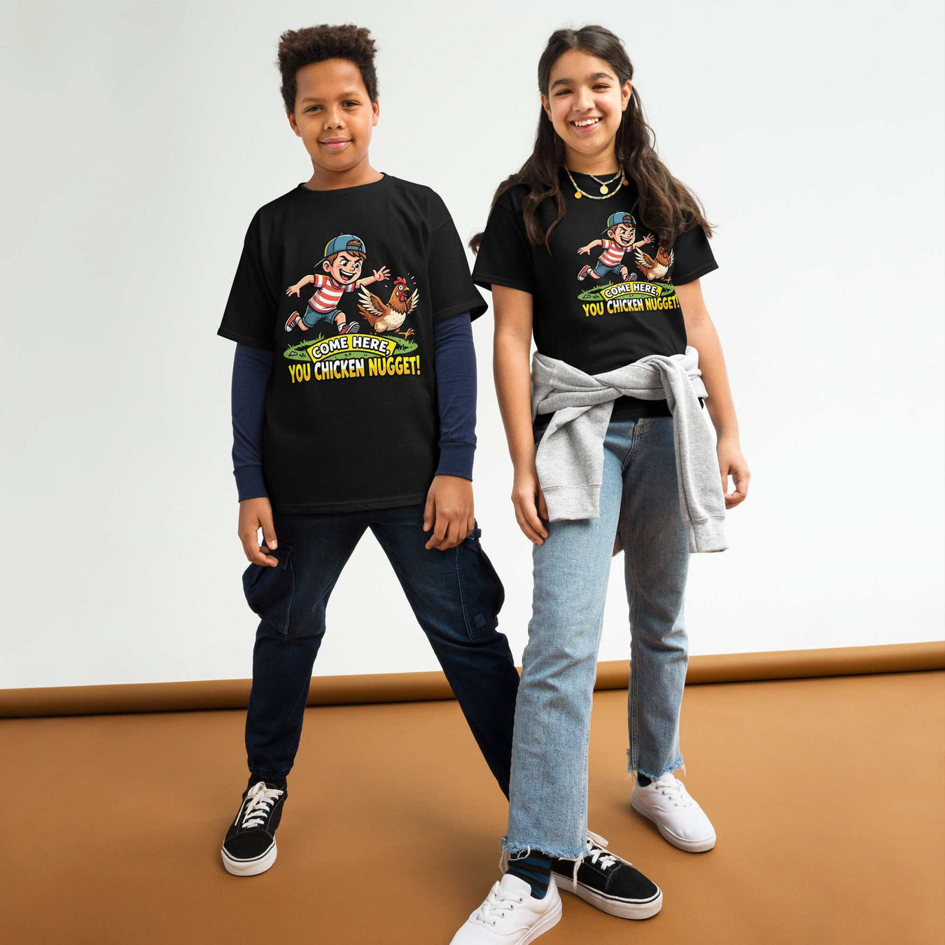 Youth wearing classic fit comical print tee, soft cotton durable for everyday adventures